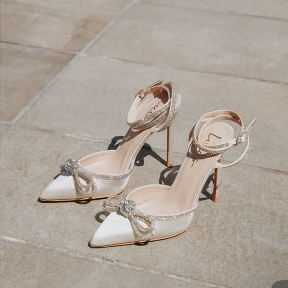 Lulus Lullie Ivory Satin Rhinestone Ankle Pointed-Toe Pump - Picture 2 of 4